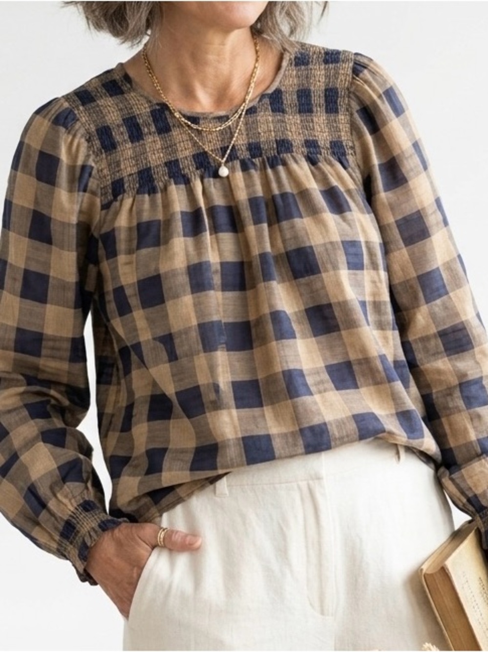 Summersalt The Perfect Smocked Cotton Top | Toffee Navy Buffalo Check Plaid MD